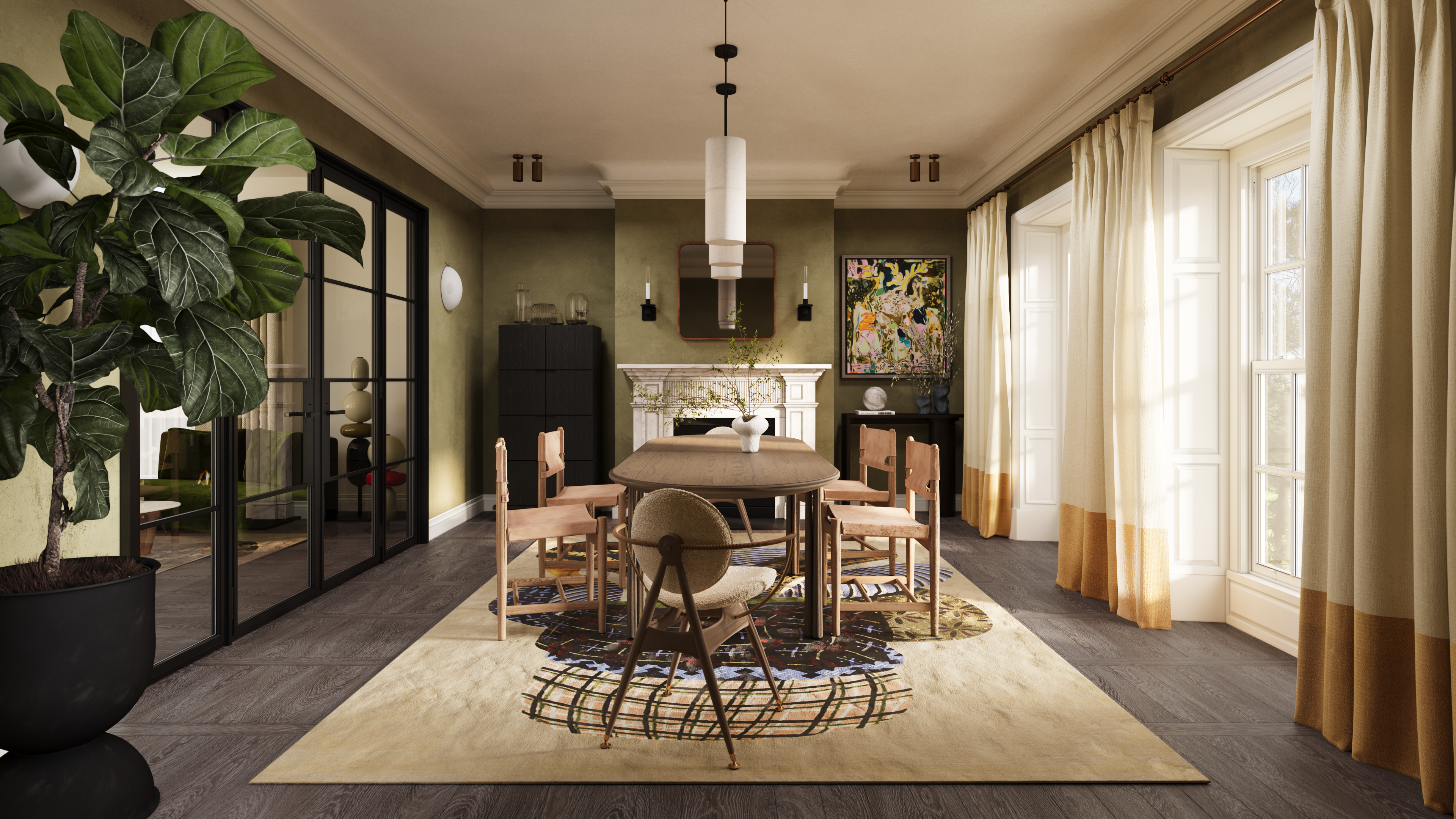Private residential interior rendering in Dublin showing warm natural material palette